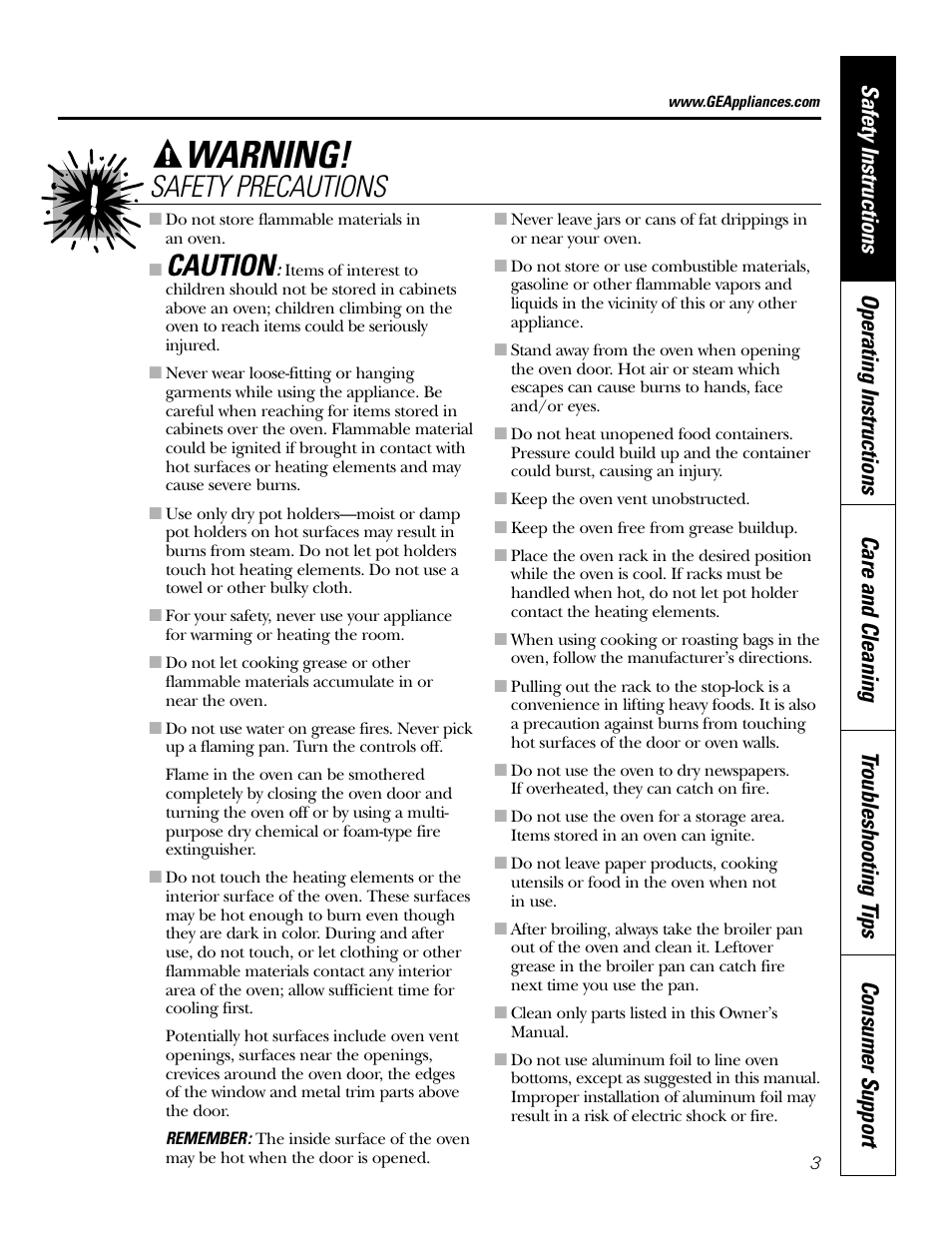 Warning, Caution, Safety precautions | GE JT91530 User Manual | Page 3 / 32