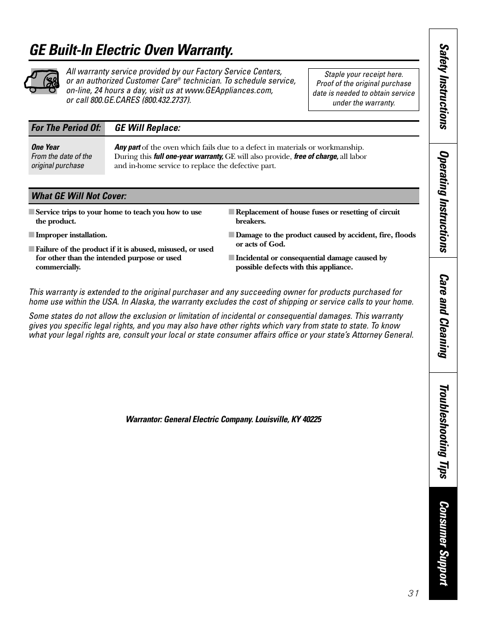 Warranty, Ge built-in electric oven warranty | GE JT91530 User Manual | Page 31 / 32