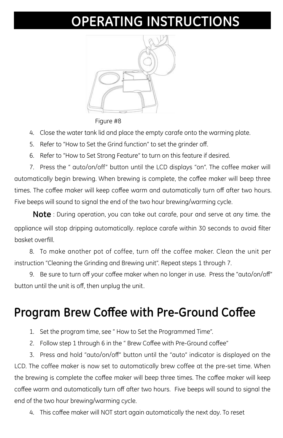 Operating instructions, Program brew coffee with pre-ground coffee | GE 681131691031 User Manual | Page 11 / 14