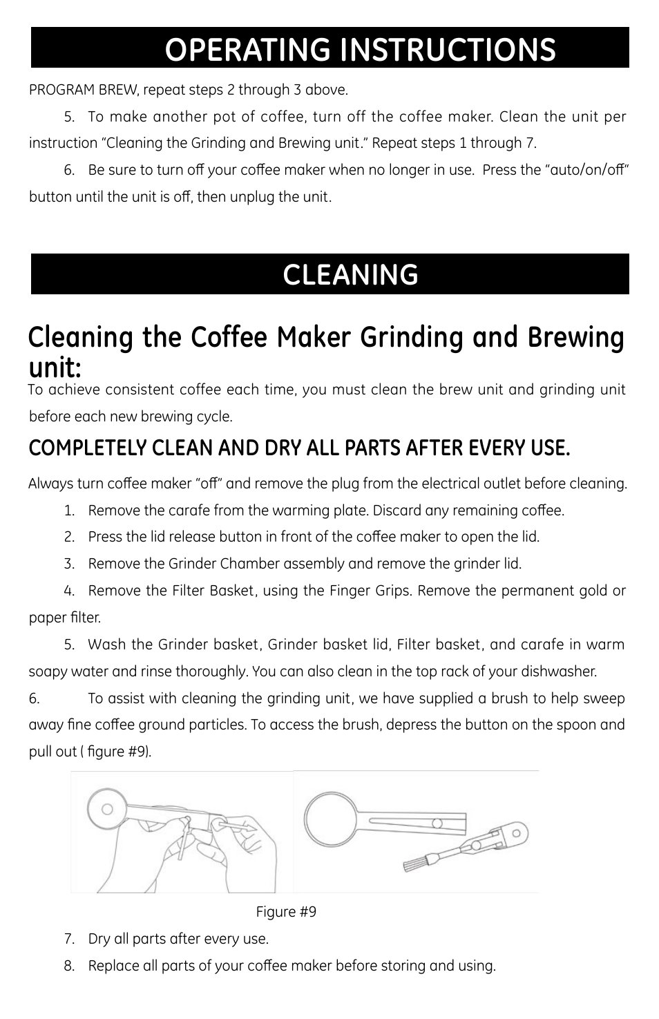 Operating instructions, Cleaning, Completely clean and dry all parts after every use | GE 681131691031 User Manual | Page 12 / 14