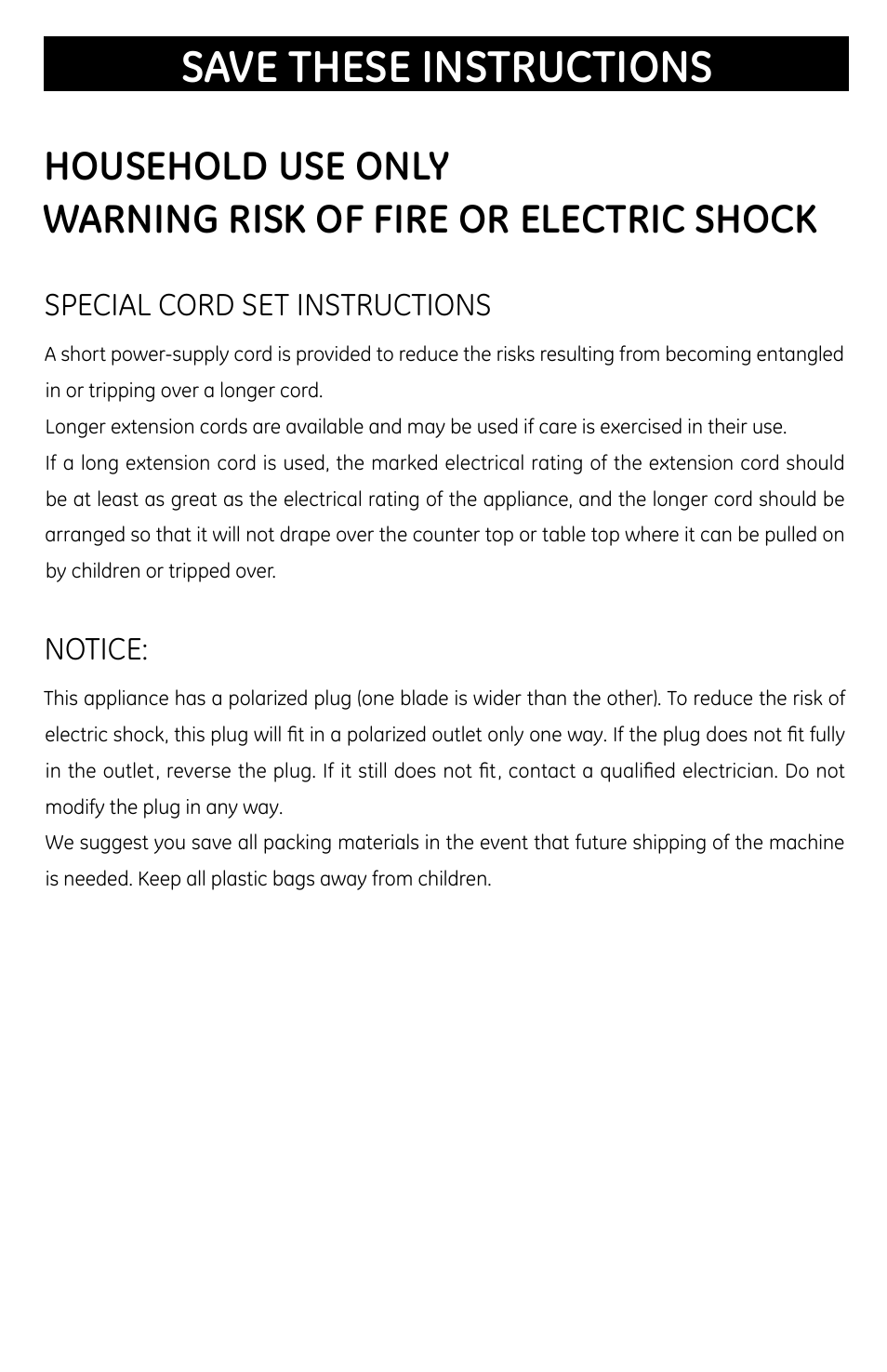 Save these instructions, Special cord set instructions, Notice | GE 681131691031 User Manual | Page 3 / 14