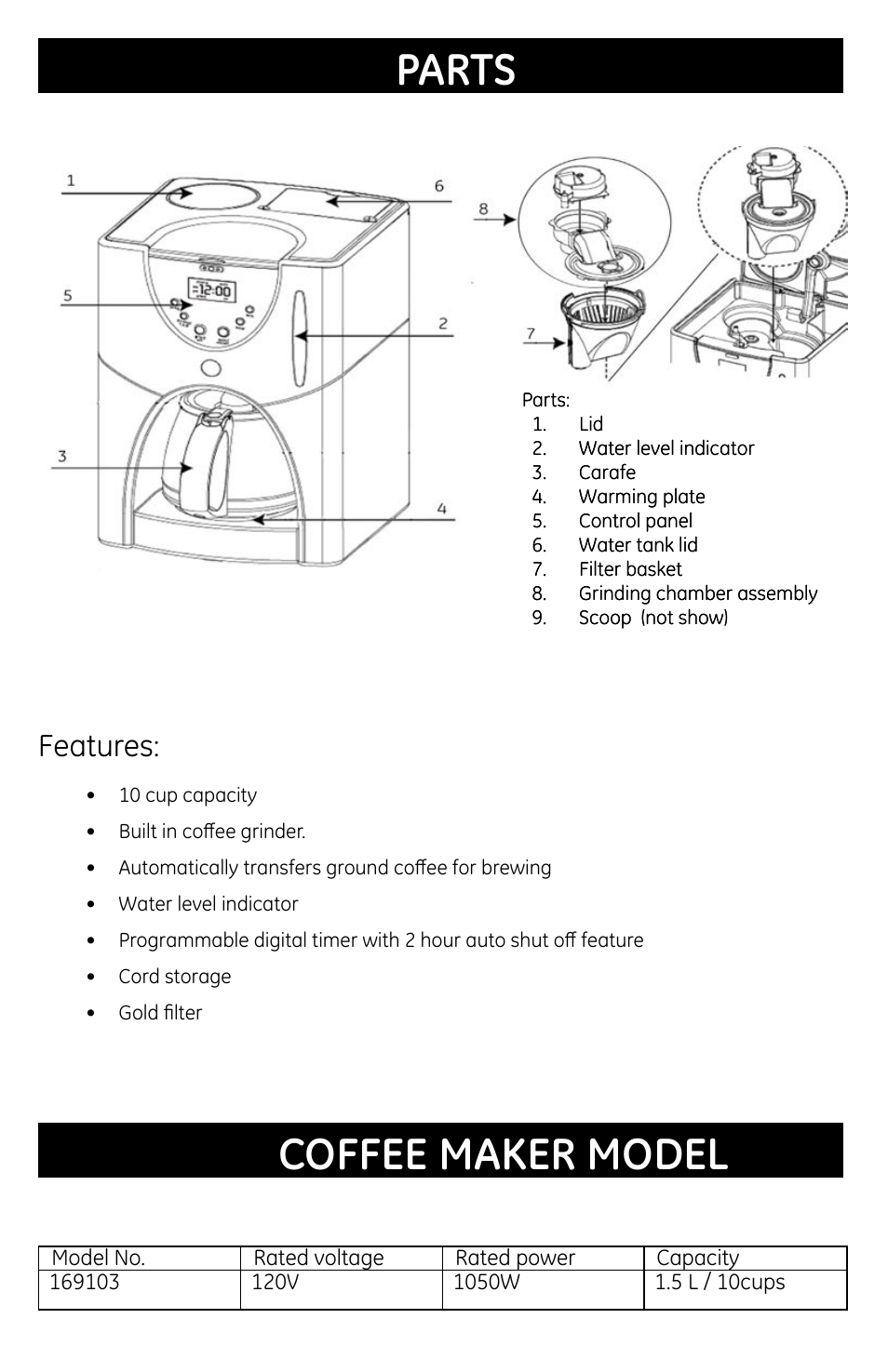 Parts, Coffee maker model, Features | GE 681131691031 User Manual | Page 4 / 14