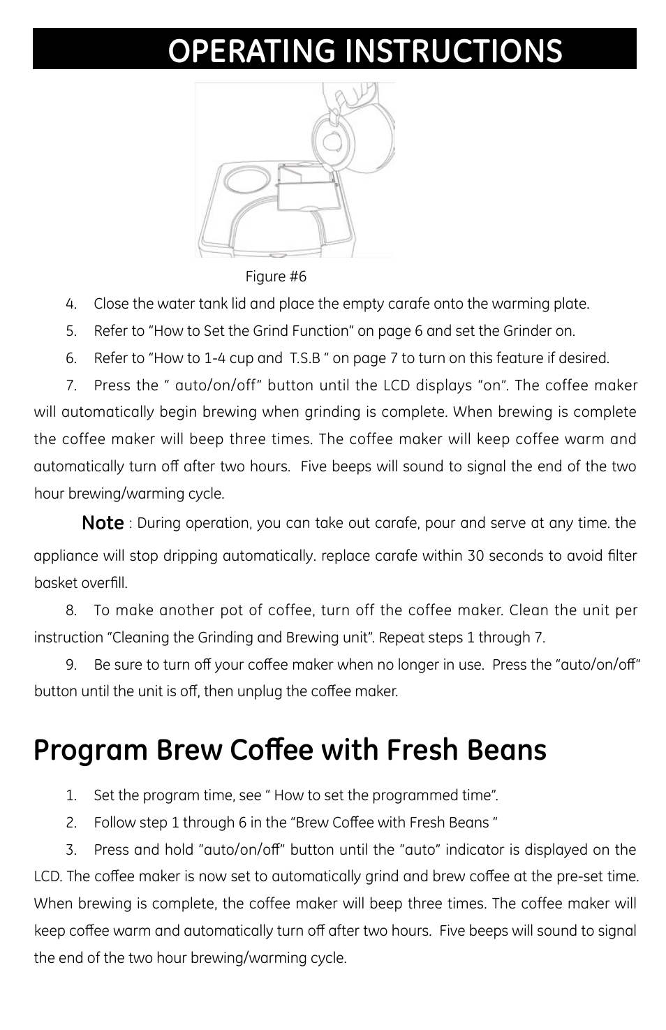 Operating instructions, Program brew coffee with fresh beans | GE 681131691031 User Manual | Page 9 / 14