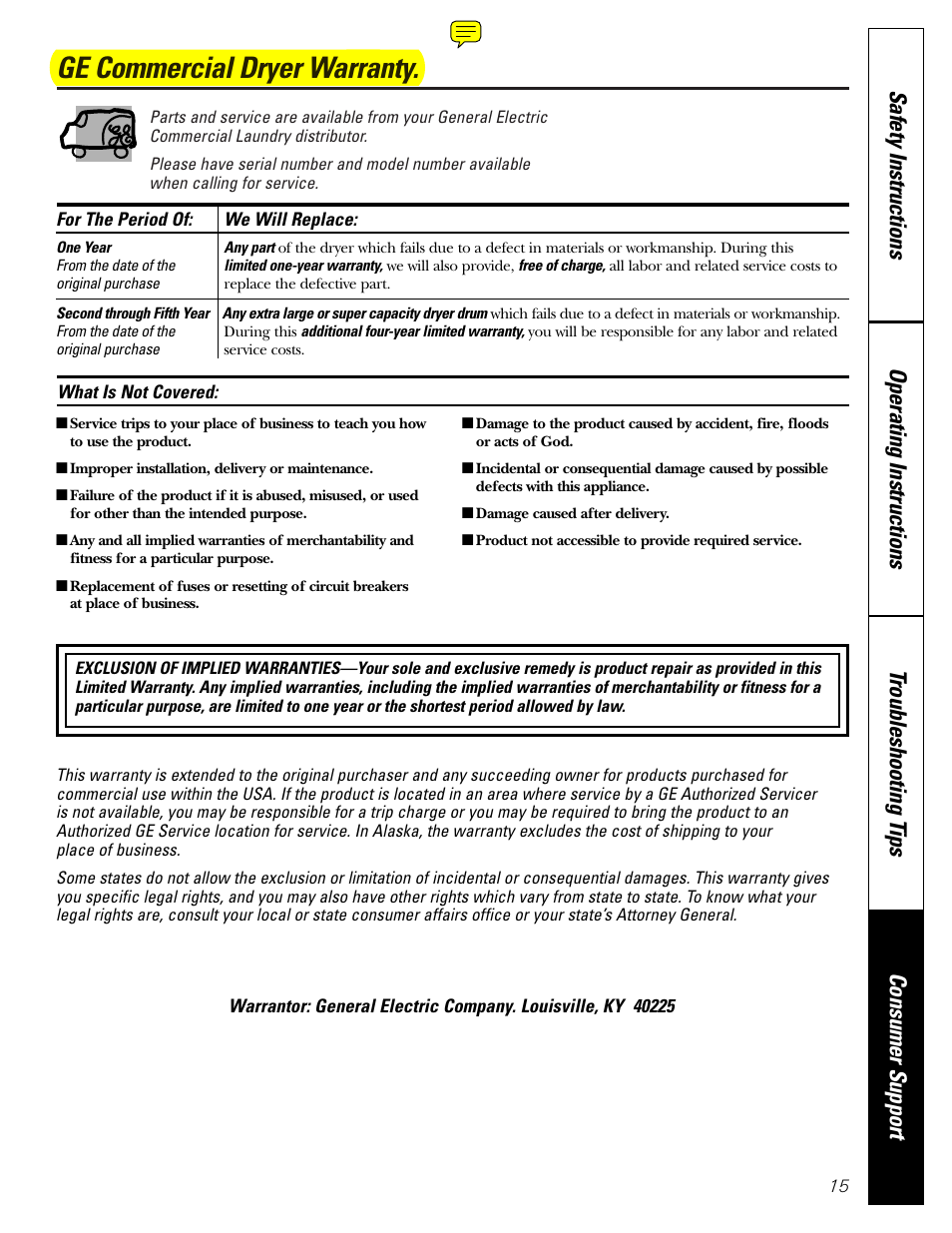 Warranty, Ge commercial dryer warranty | GE 450 User Manual | Page 15 / 16