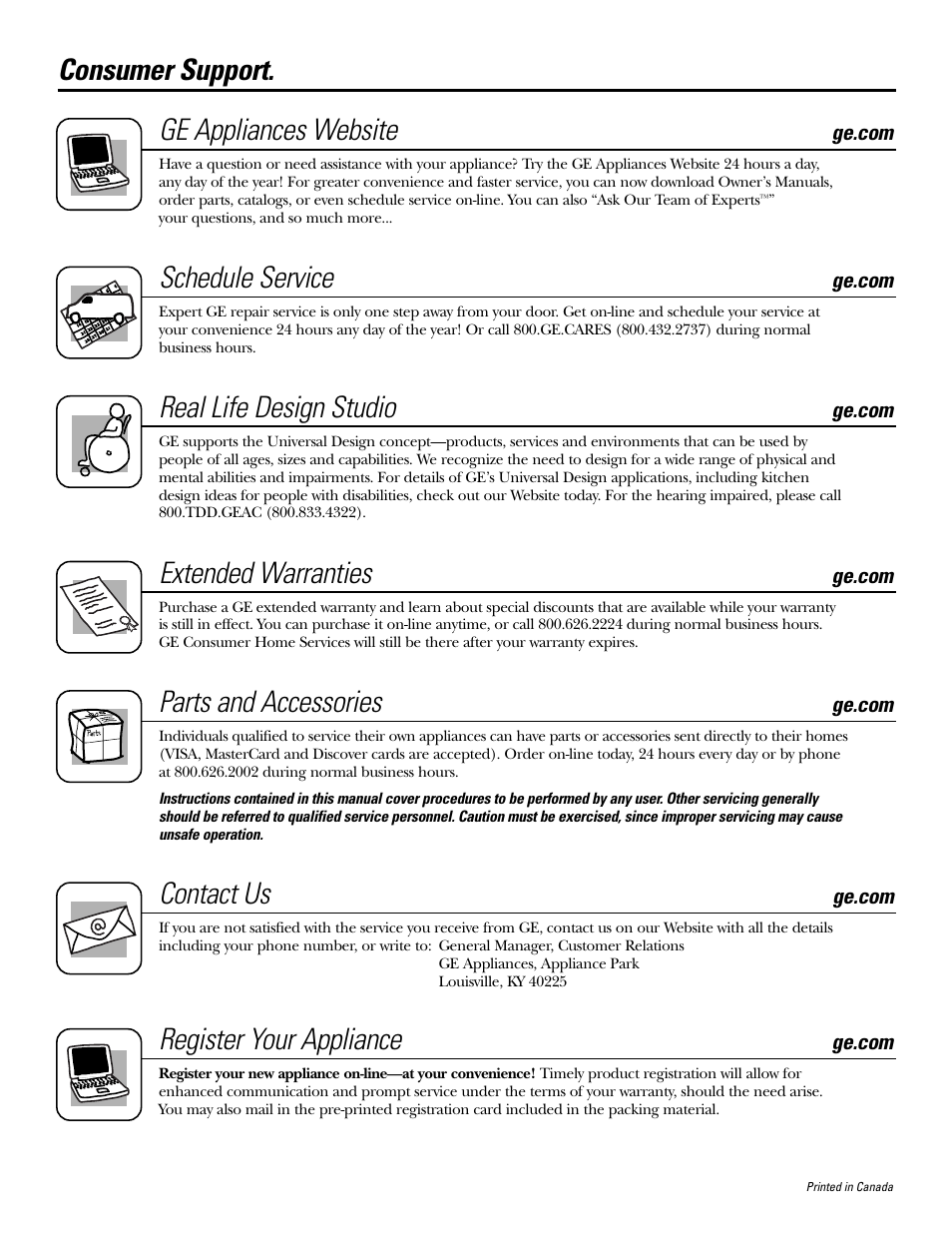 Consumer support, Consumer support. ge appliances website, Schedule service | Real life design studio, Extended warranties, Parts and accessories, Contact us, Register your appliance | GE 450 User Manual | Page 16 / 16