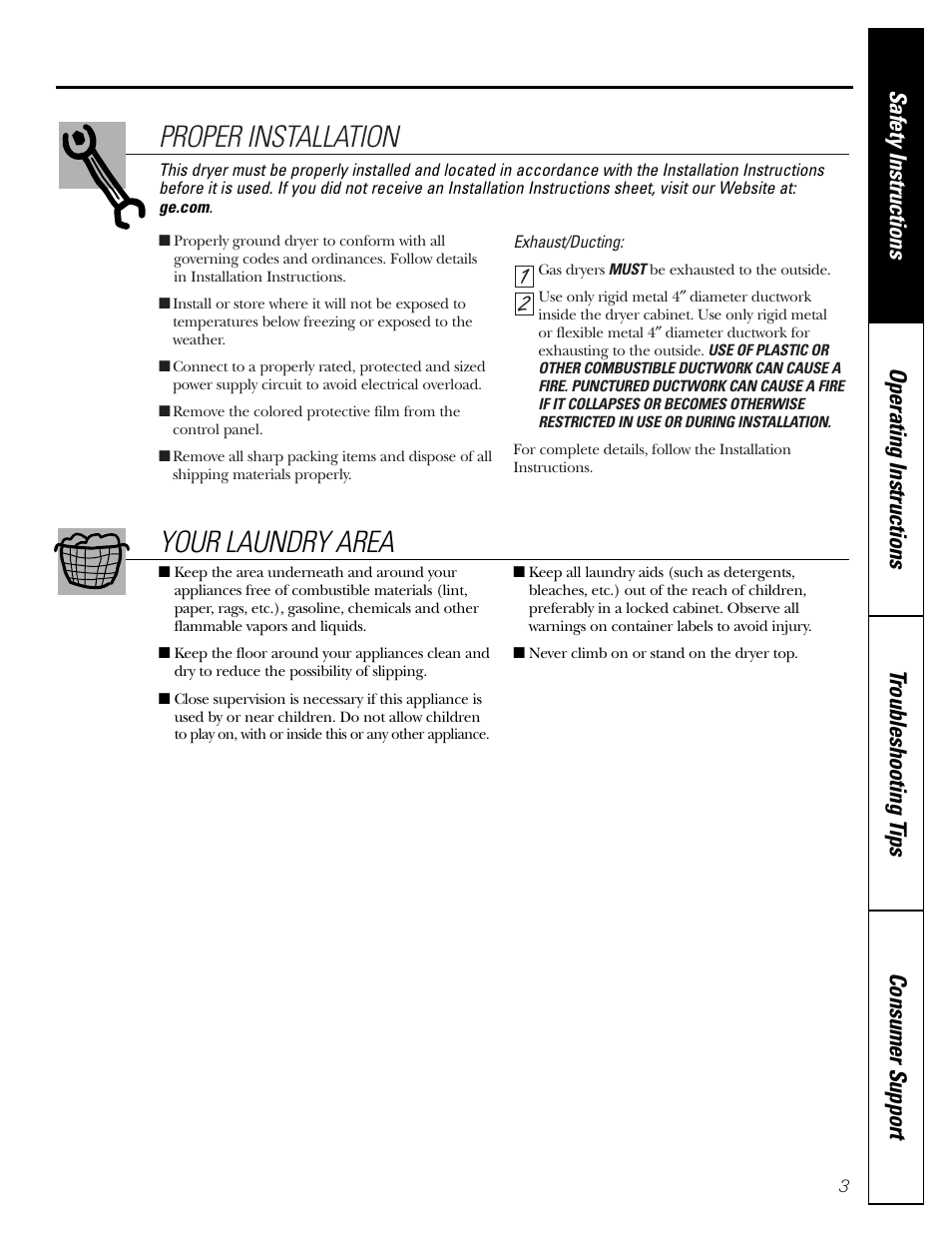 Proper installation, Your laundry area | GE 450 User Manual | Page 3 / 16