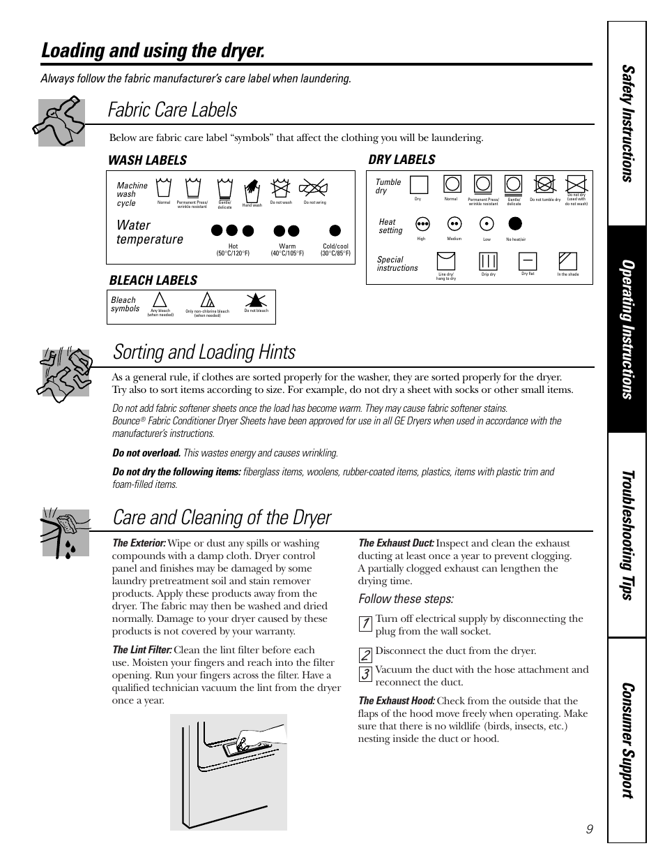 Loading and using the dryer, 32 1 care and cleaning of the dryer, Sorting and loading hints | Fabric care labels, Water temperature, Follow these steps, Wash labels dry labels bleach labels | GE 450 User Manual | Page 9 / 16