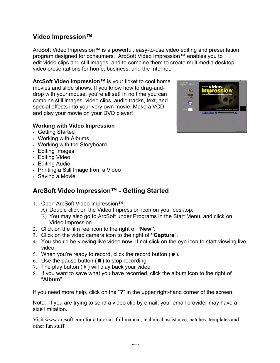 Video impression, Arcsoft video impression™ - getting started | GE HO98067 User Manual | Page 8 / 12