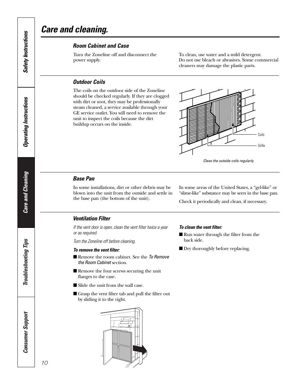 Base pan, Outdoor coils, Room cabinet and case | Vent filter, Care and cleaning | GE 3800 User Manual | Page 10 / 84