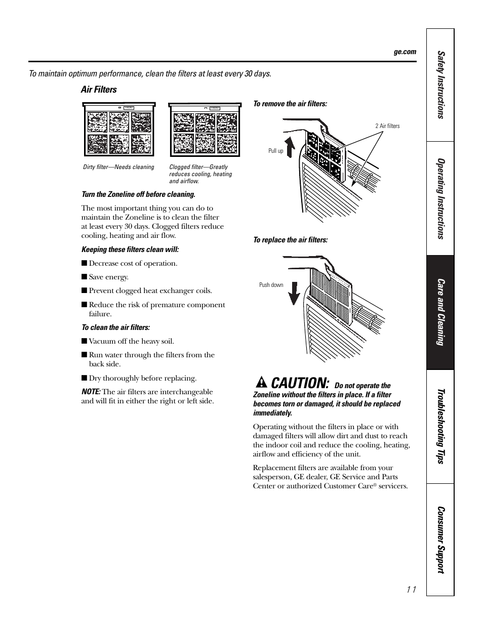 Air filters, Caution | GE 3800 User Manual | Page 11 / 84