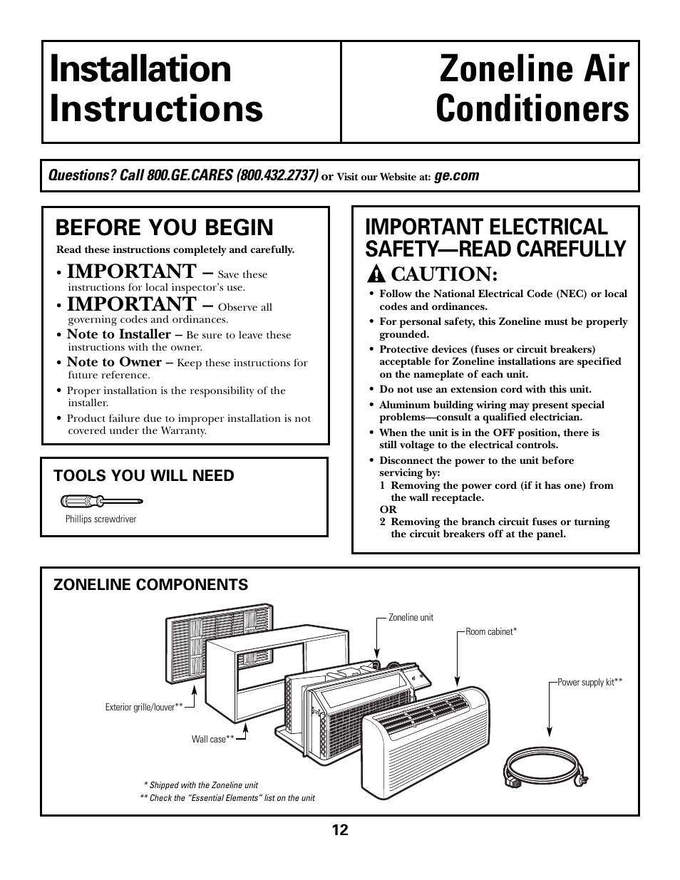 Preparation, Before you begin, Important electrical safety—read carefully | Important, Caution | GE 3800 User Manual | Page 12 / 84