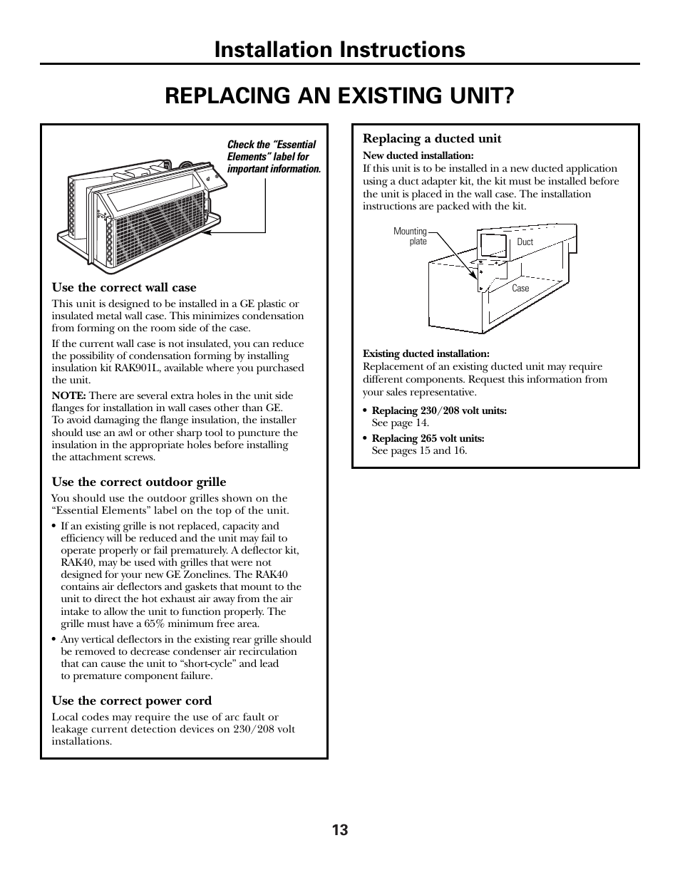 Replacing an existing unit, Installation instructions | GE 3800 User Manual | Page 13 / 84