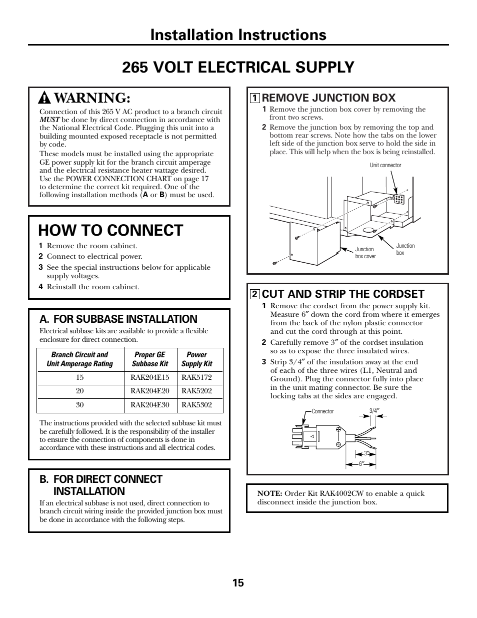 How to connect, Warning, Remove junction box | Cut and strip the cordset, A. for subbase installation, B. for direct connect installation | GE 3800 User Manual | Page 15 / 84