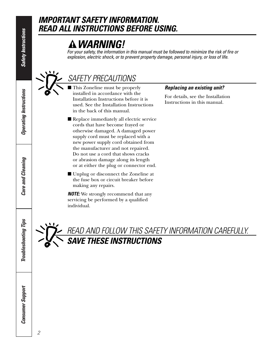 Safety instructions, Warning | GE 3800 User Manual | Page 2 / 84