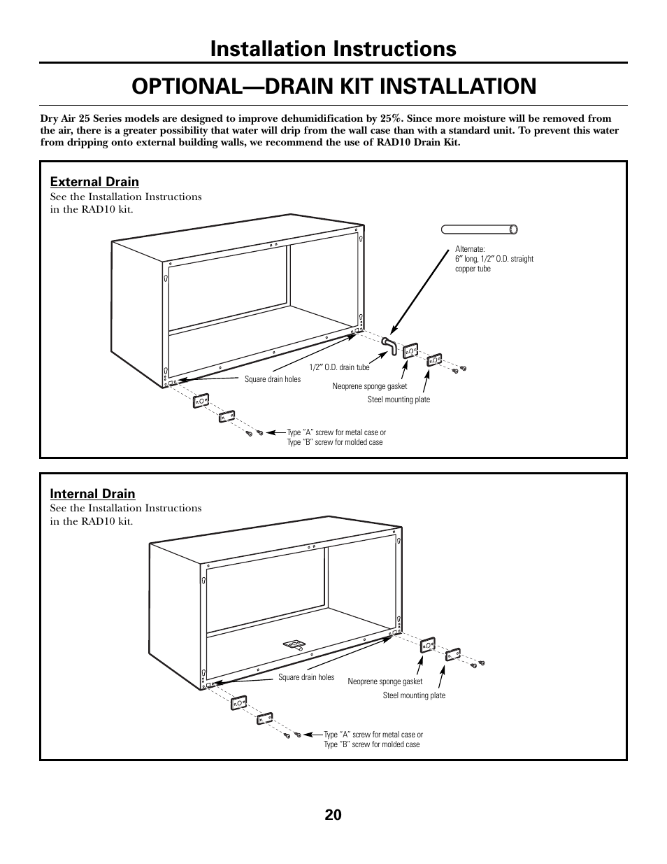 Optional drain kit, Installation instructions, Optional—drain kit installation | GE 3800 User Manual | Page 20 / 84