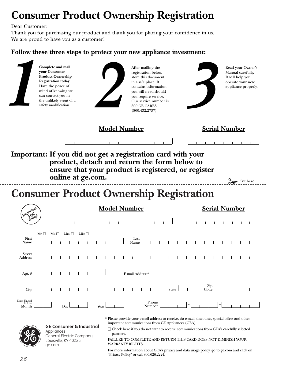 Consumer product ownership registration, Model number serial number | GE 3800 User Manual | Page 26 / 84