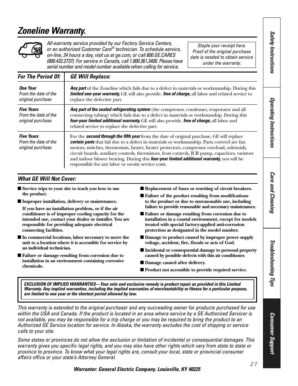 Warranty, Zoneline warranty | GE 3800 User Manual | Page 27 / 84