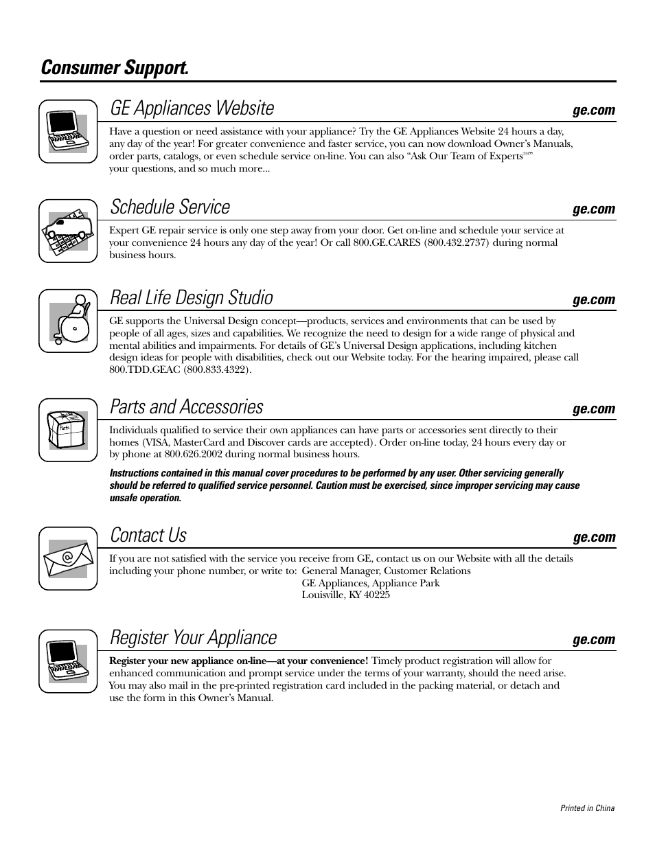 Consumer support, Consumer support . . .back cover, Consumer support. ge appliances website | Schedule service, Real life design studio, Parts and accessories, Contact us, Register your appliance | GE 3800 User Manual | Page 28 / 84