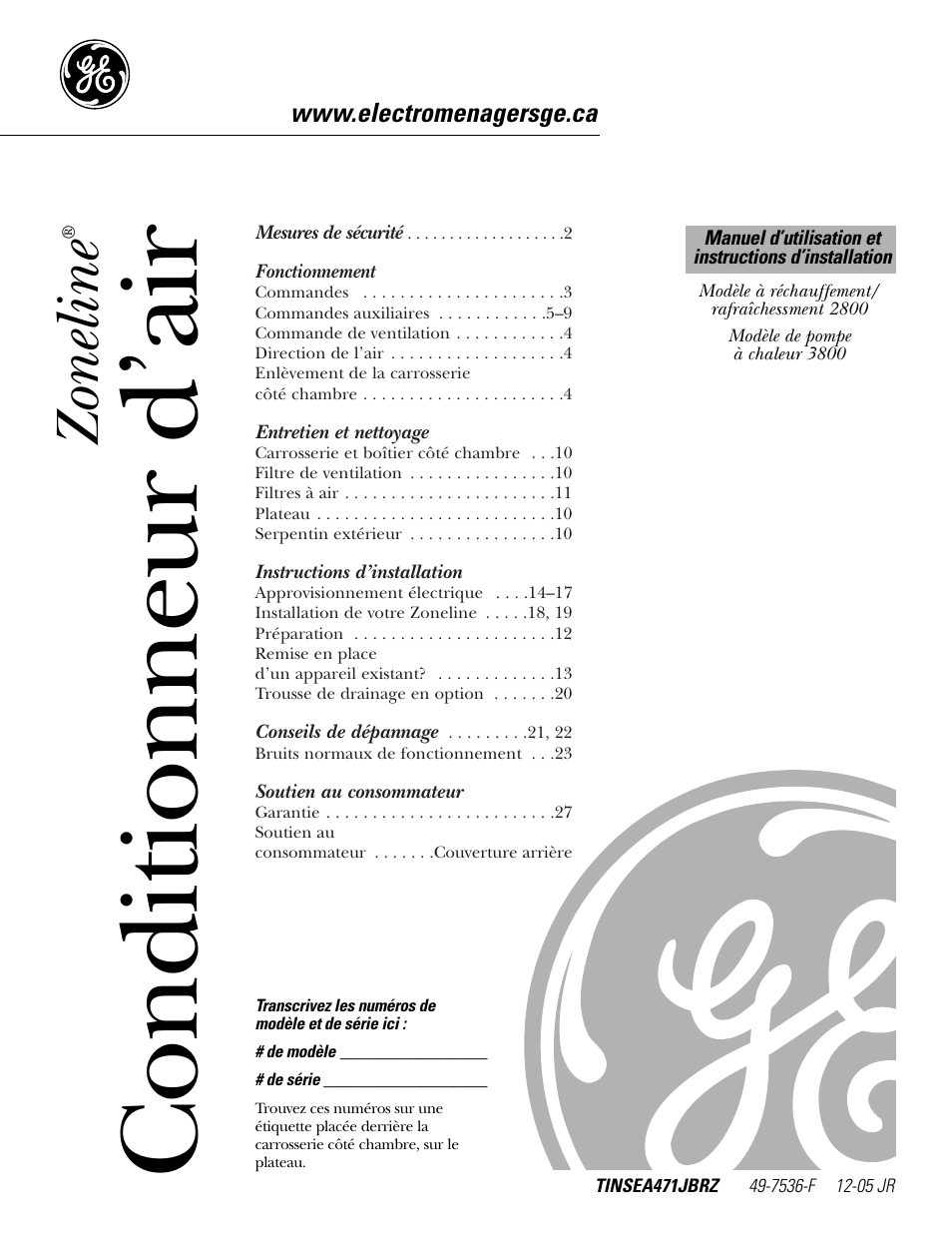 Francais, Fonctionnement, Entretien et nettoyage | Instructions d’installation, Soutien au consommateur, Conditionneur d’air, Zoneline | GE 3800 User Manual | Page 29 / 84