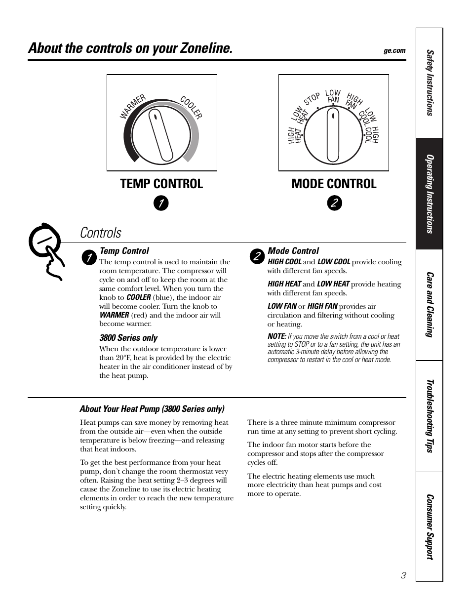 Controls, About the controls on your zoneline, Temp control mode control | GE 3800 User Manual | Page 3 / 84