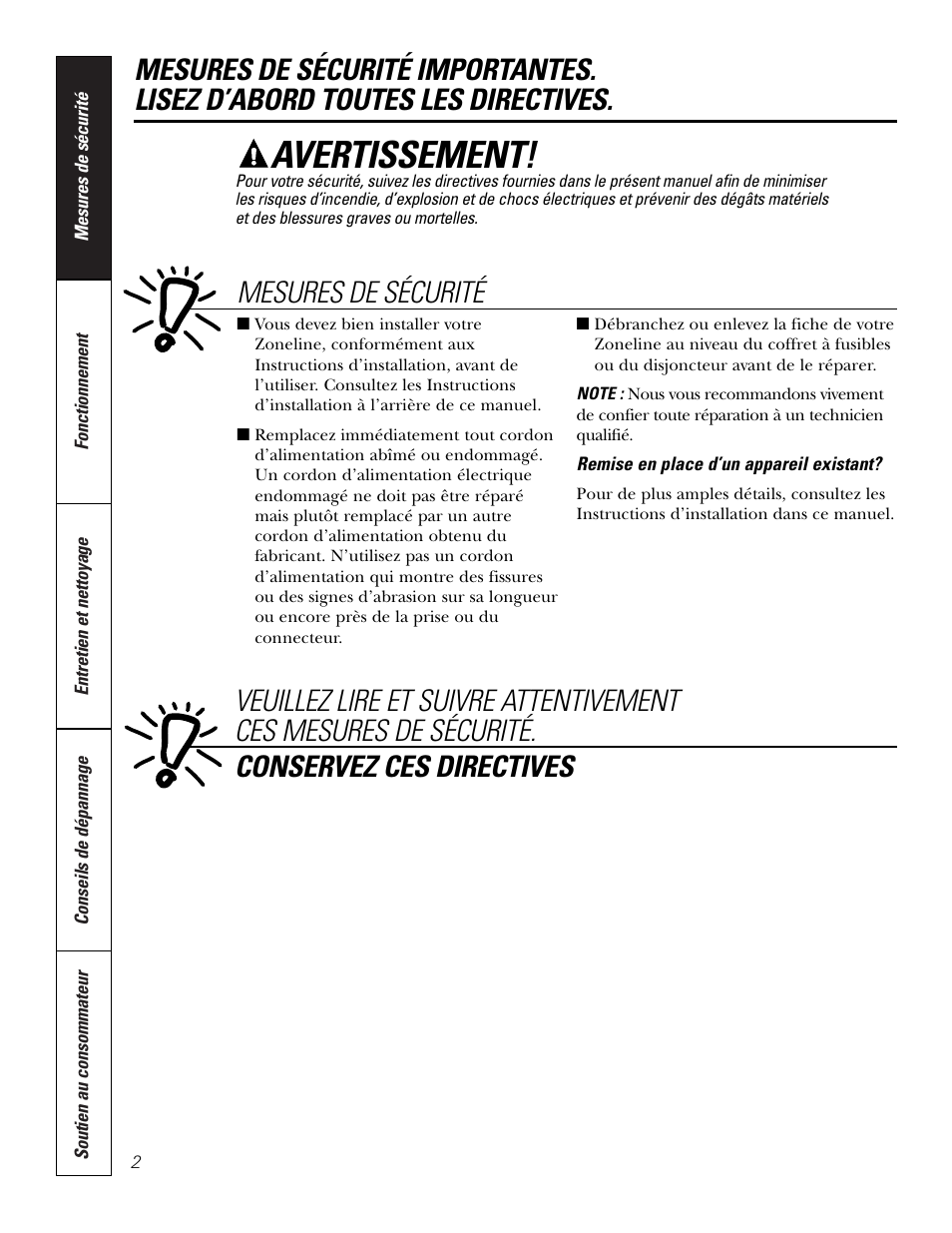 Mesures de sécurité, Avertissement | GE 3800 User Manual | Page 30 / 84