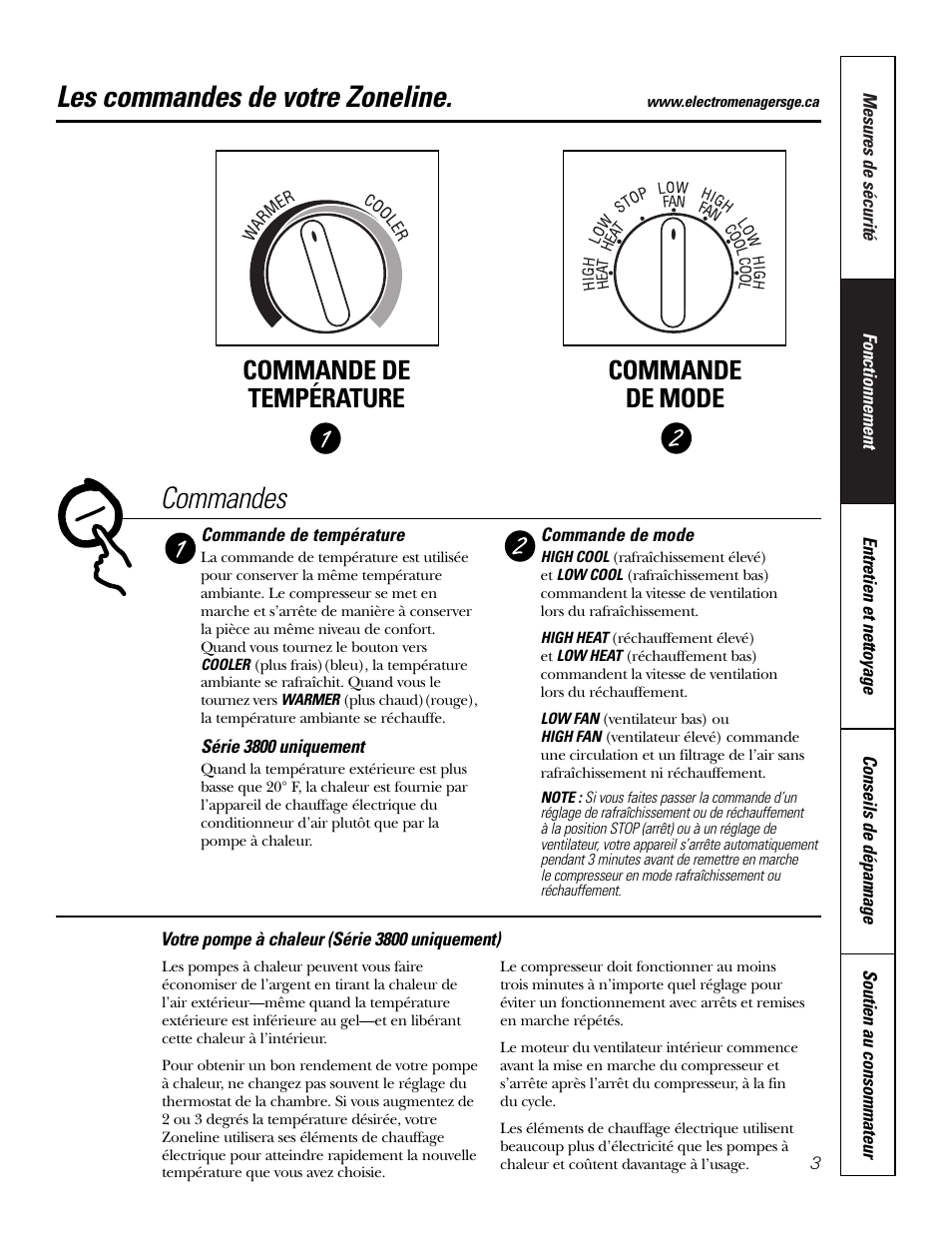 Commandes, Les commandes de votre zoneline, Commande de température commande de mode | GE 3800 User Manual | Page 31 / 84