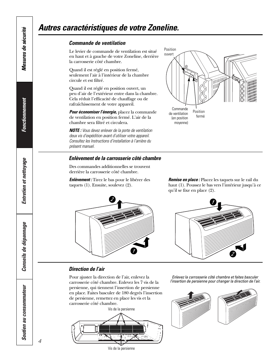 Commande de ventilation, Direction de l’air, Enlèvement de la carrosserie côté chambre | Autres caractéristiques de votre zoneline | GE 3800 User Manual | Page 32 / 84