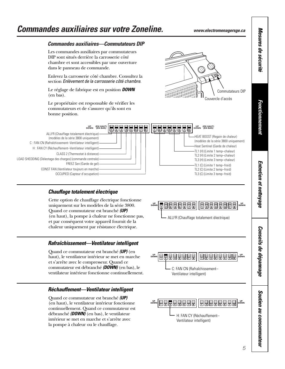 Commandes auxiliaires, Commandes auxiliaires –9, Commandes auxiliaires sur votre zoneline | Commandes auxiliaires—commutateurs dip, Rafraîchissement—ventilateur intelligent, Réchauffement—ventilateur intelligent | GE 3800 User Manual | Page 33 / 84