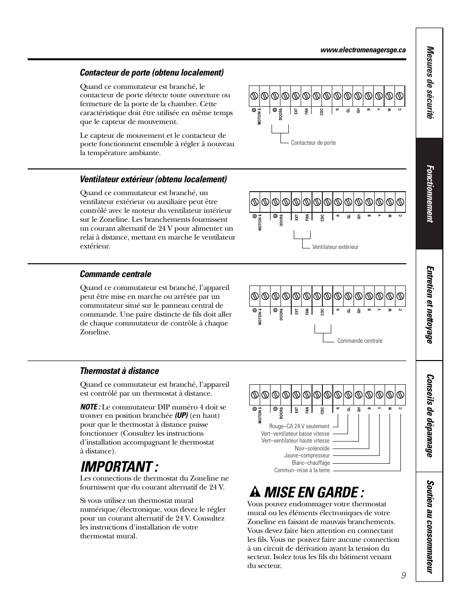 Important, Mise en garde | GE 3800 User Manual | Page 37 / 84