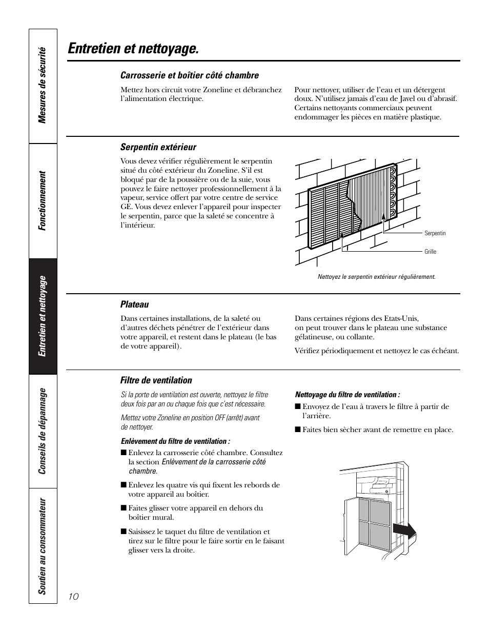 Carrosserie et boîtier côté chambre, Filtre de ventilation, Plateau | Serpentin extérieur, Plateau serpentin extérieur, Entretien et nettoyage | GE 3800 User Manual | Page 38 / 84