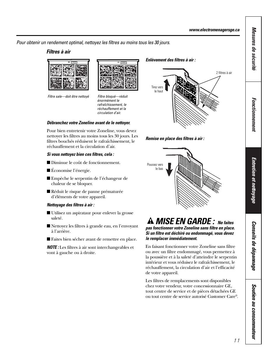 Filtres à air, Mise en garde | GE 3800 User Manual | Page 39 / 84