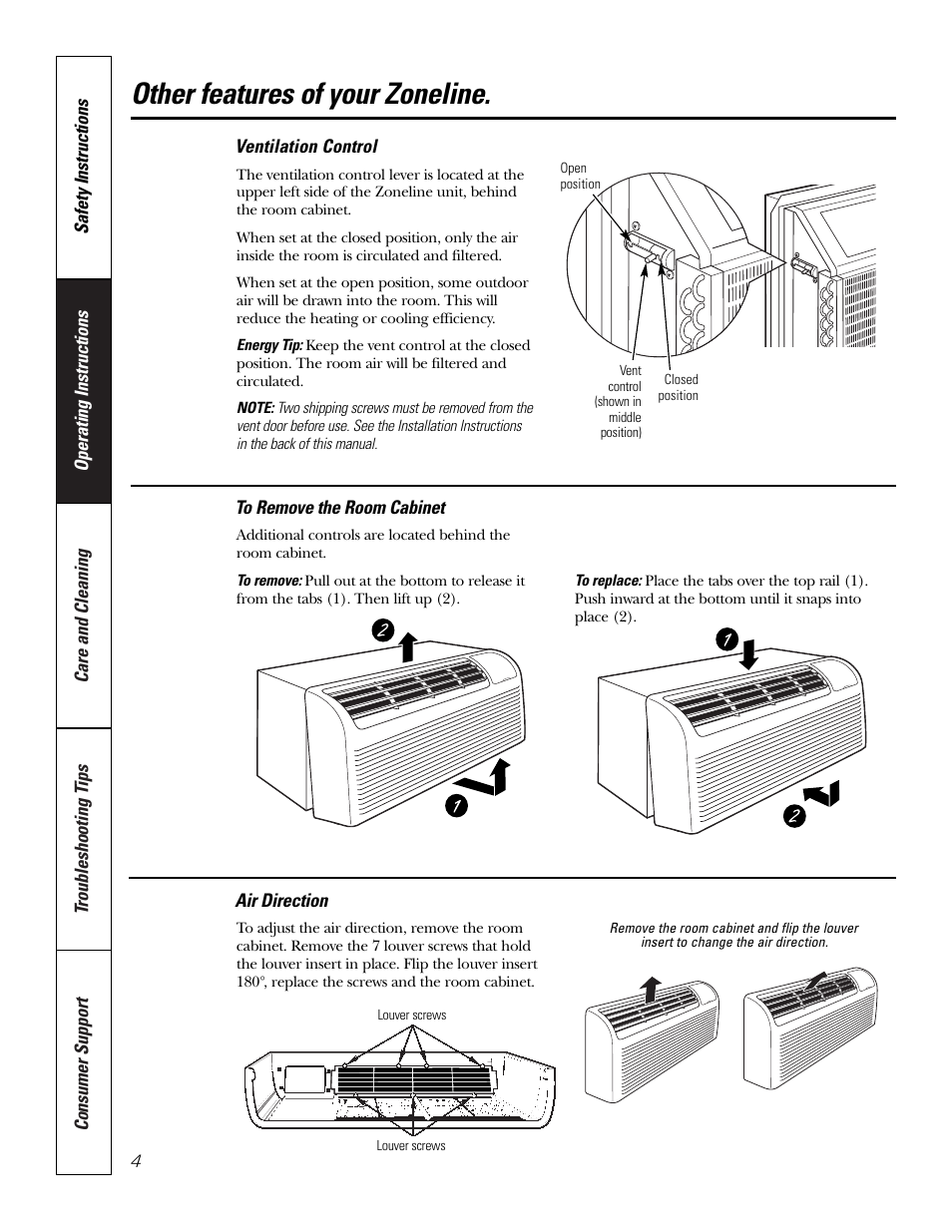 Air direction, To remove the room cabinet, Vent control | To remove the room cabinet vent control, Other features of your zoneline | GE 3800 User Manual | Page 4 / 84