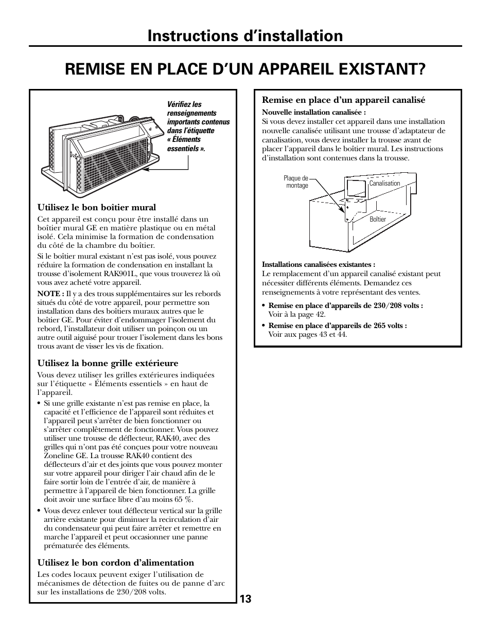 Remise en place d’un appareil existant, Instructions d’installation | GE 3800 User Manual | Page 41 / 84
