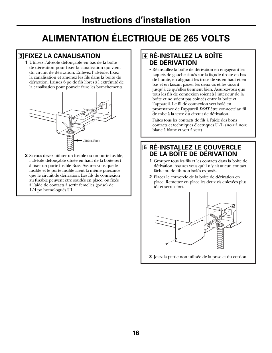 Instructions d’installation, Alimentation électrique de 265 volts | GE 3800 User Manual | Page 44 / 84