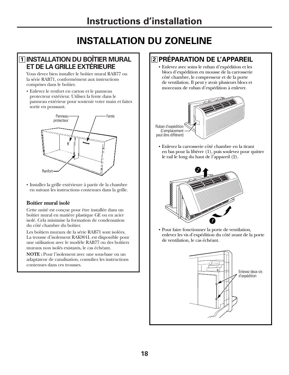 Installation de votre zoneline, Installation de votre zoneline , 19, Instructions d’installation | Installation du zoneline, Préparation de l’appareil | GE 3800 User Manual | Page 46 / 84