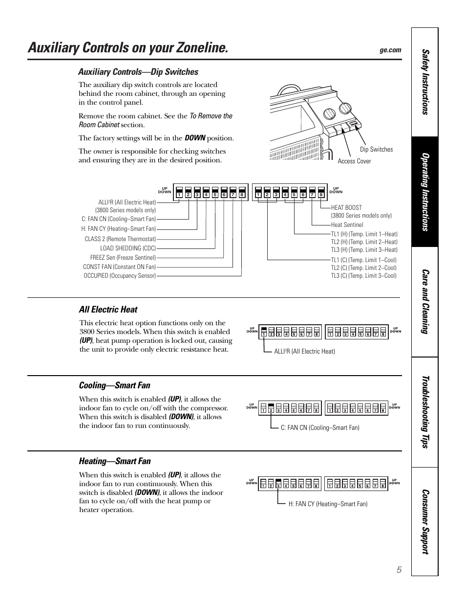 Auxiliary controls, Auxiliary controls –9, Auxiliary controls on your zoneline | Auxiliary controls—dip switches, Cooling—smart fan, Heating—smart fan | GE 3800 User Manual | Page 5 / 84
