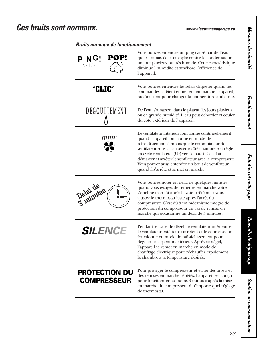 Bruits normaux de fonctionnement, Ces bruits sont normaux, Délai de 3 minutes “clic | GE 3800 User Manual | Page 51 / 84