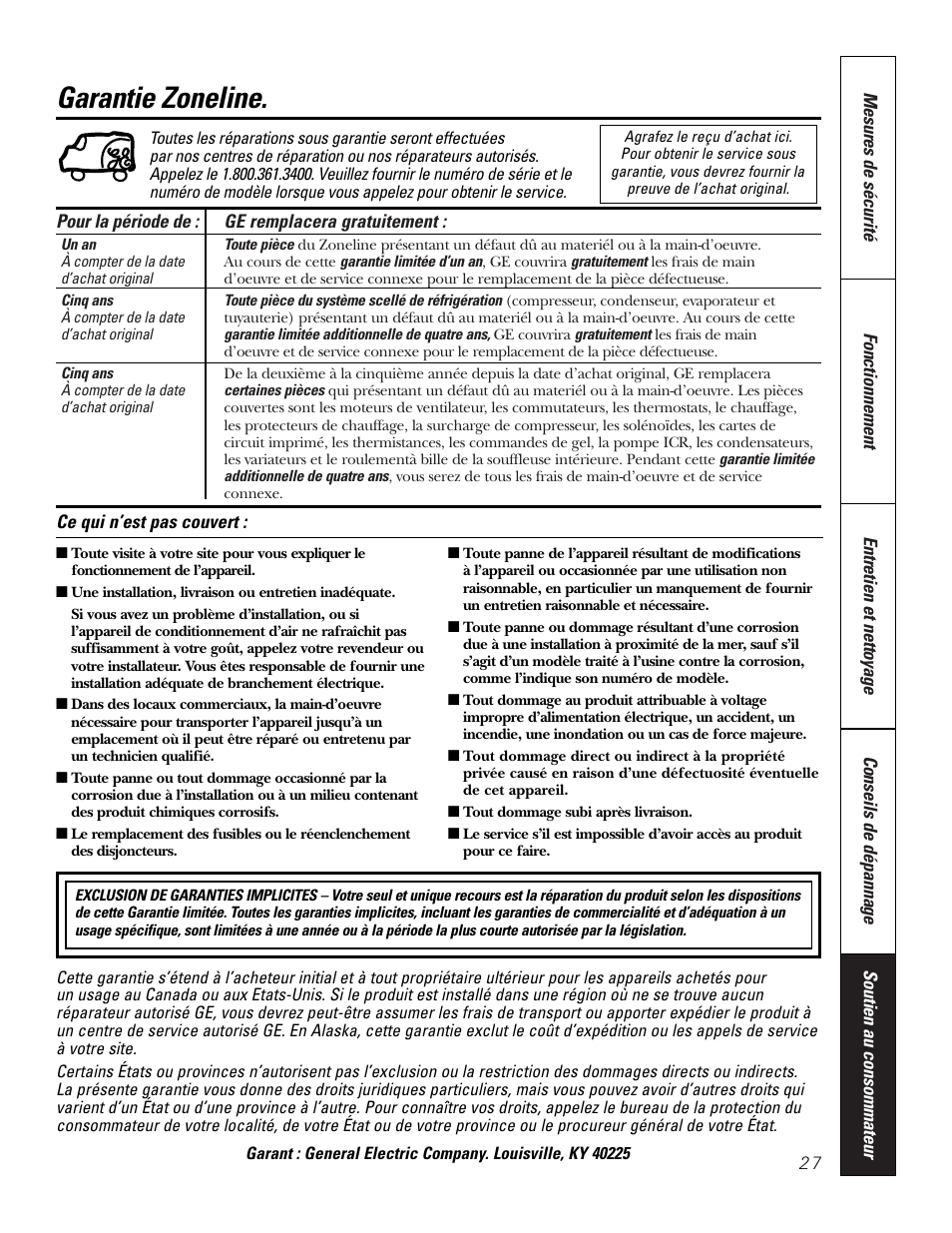 Garantie, Garantie zoneline | GE 3800 User Manual | Page 55 / 84