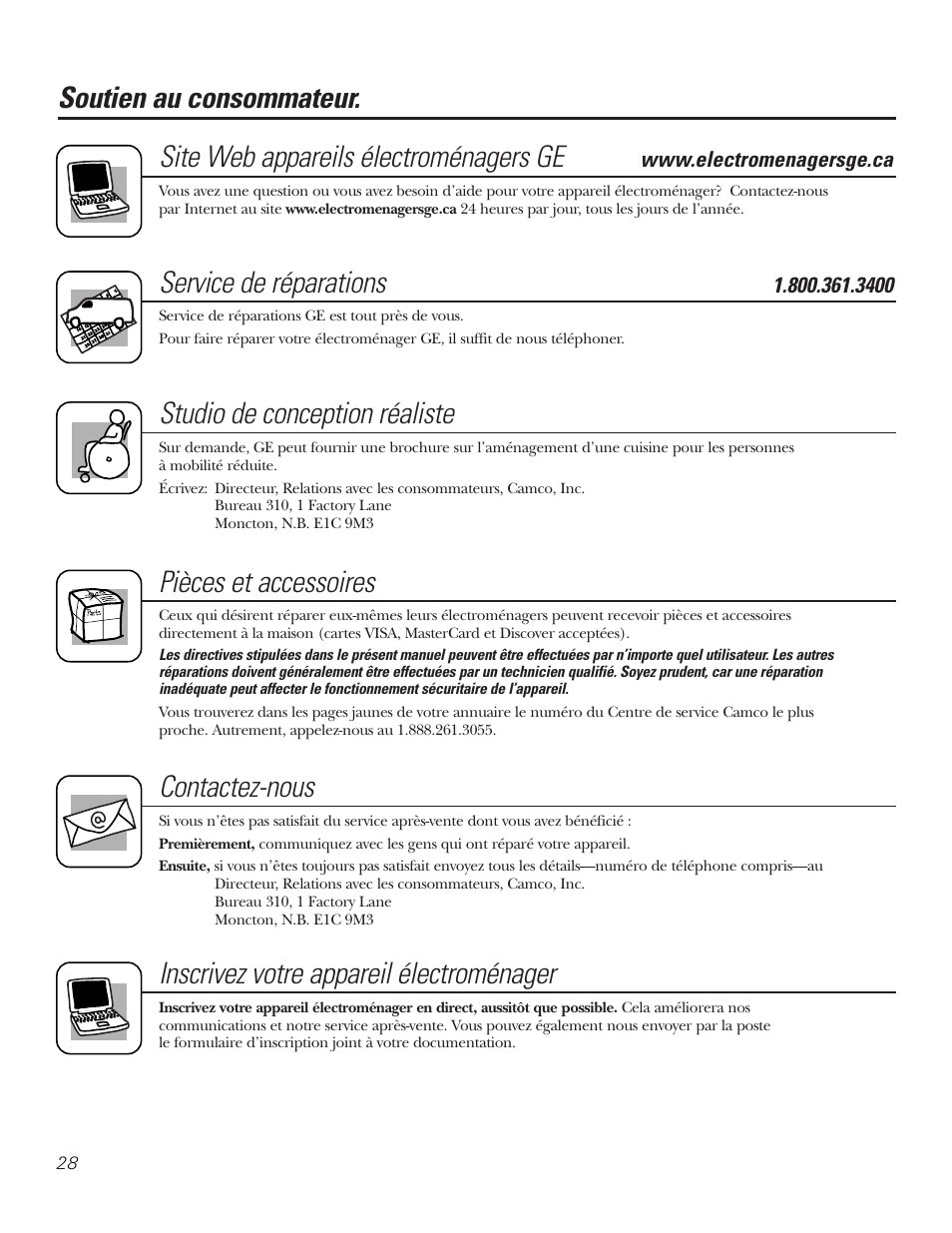 Soutien au consommateur, Service de réparations, Studio de conception réaliste | Pièces et accessoires, Contactez-nous, Inscrivez votre appareil électroménager | GE 3800 User Manual | Page 56 / 84