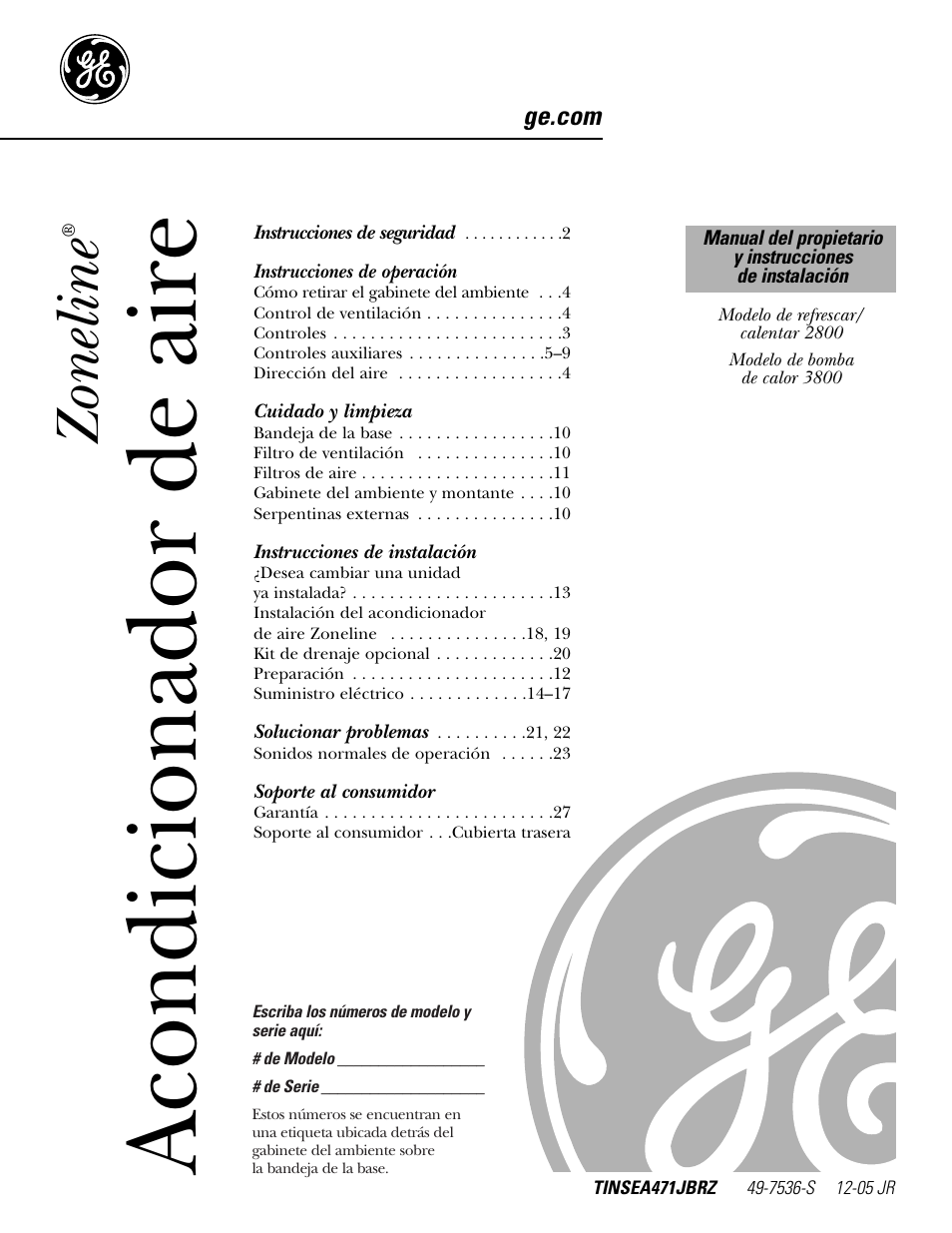 Español, Instrucciones de operación, Cuidado y limpieza | Instrucciones de instalación, Soporte al consumidor, Acondicionador de aire, Zoneline | GE 3800 User Manual | Page 57 / 84