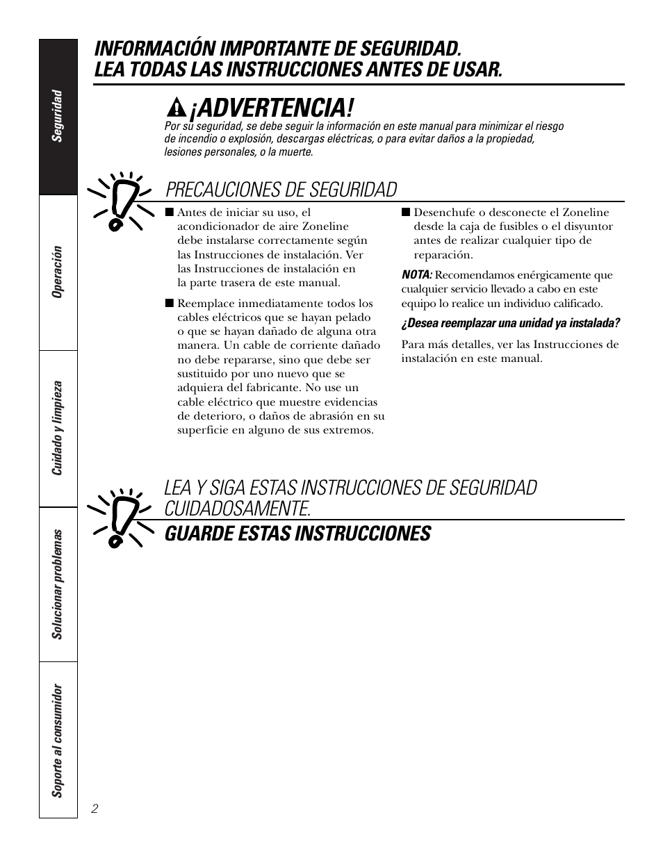 Instrucciones de seguridad, Advertencia | GE 3800 User Manual | Page 58 / 84