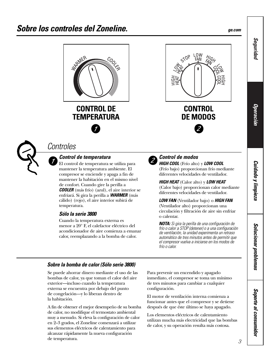 Controles, Sobre los controles del zoneline, Control de temperatura control de modos | GE 3800 User Manual | Page 59 / 84