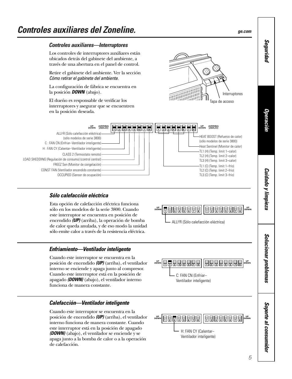 Controles auxiliares, Controles auxiliares –9, Controles auxiliares del zoneline | Controles auxiliares—interruptores, Enfriamiento—ventilador inteligente, Calefacción—ventilador inteligente | GE 3800 User Manual | Page 61 / 84