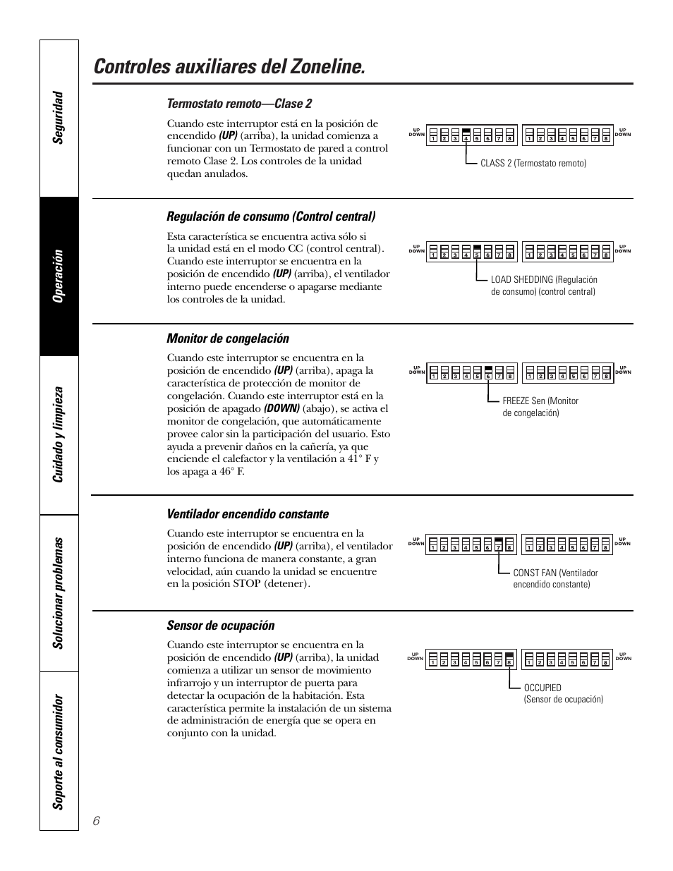Controles auxiliares del zoneline, Termostato remoto—clase 2, Regulación de consumo (control central) | Monitor de congelación, Ventilador encendido constante, Sensor de ocupación | GE 3800 User Manual | Page 62 / 84