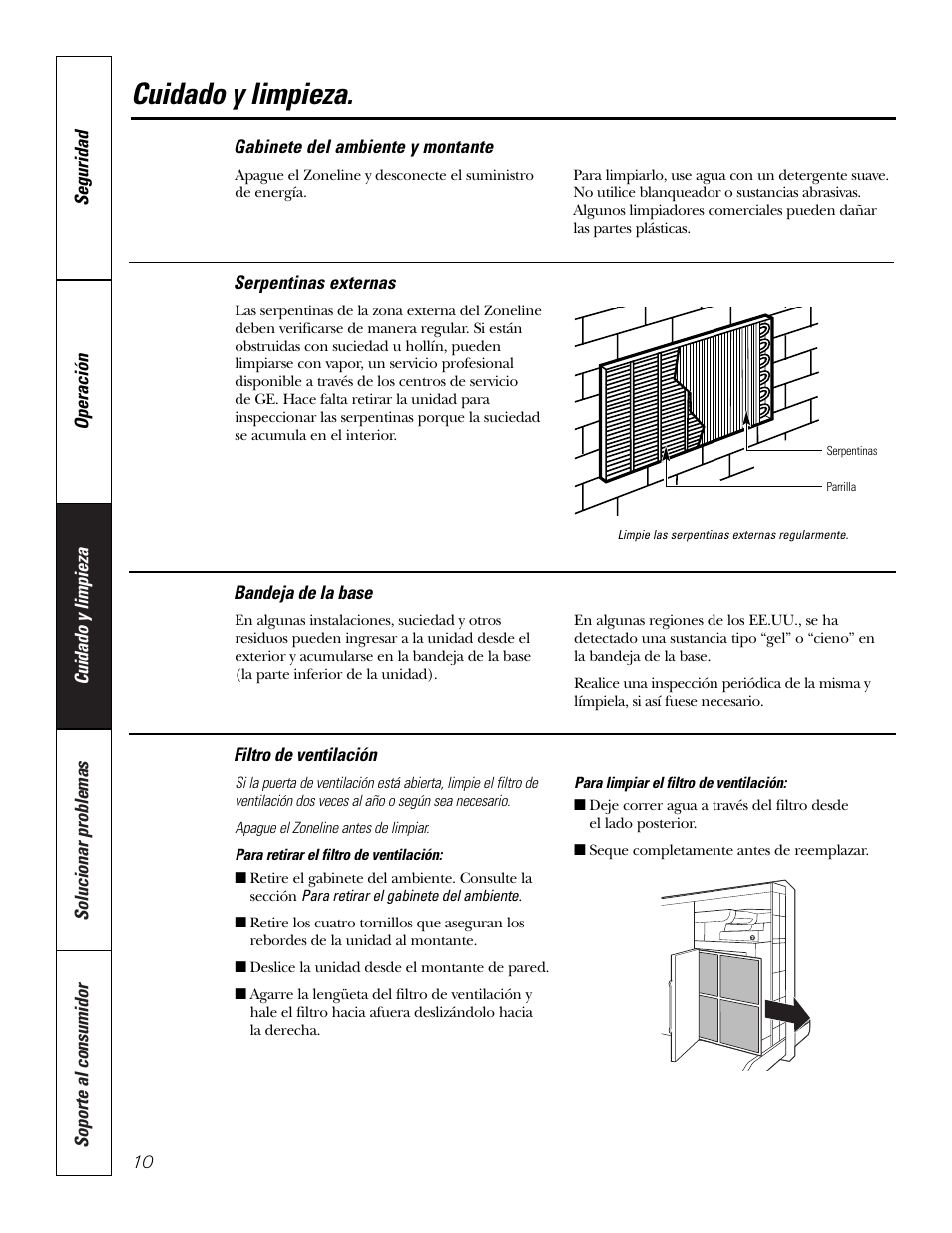 Bandeja de la base, Filtro de ventilación, Gabinete del ambiente y montante | Serpentinas externas, Bandeja de la base filtro de ventilación, Cuidado y limpieza | GE 3800 User Manual | Page 66 / 84