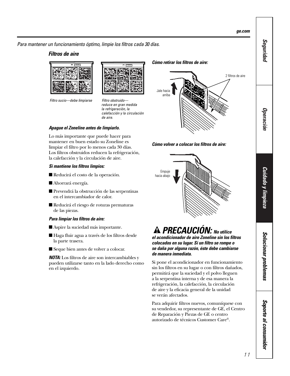 Filtros de aire, Precaución | GE 3800 User Manual | Page 67 / 84