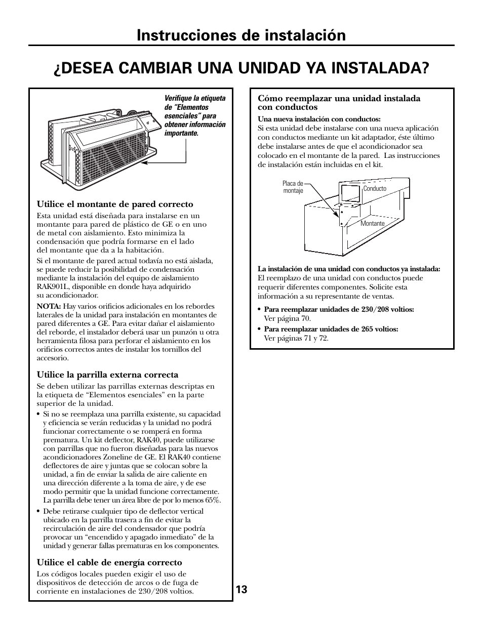 Desea cambiar una unidad ya instalada, Instrucciones de instalación | GE 3800 User Manual | Page 69 / 84