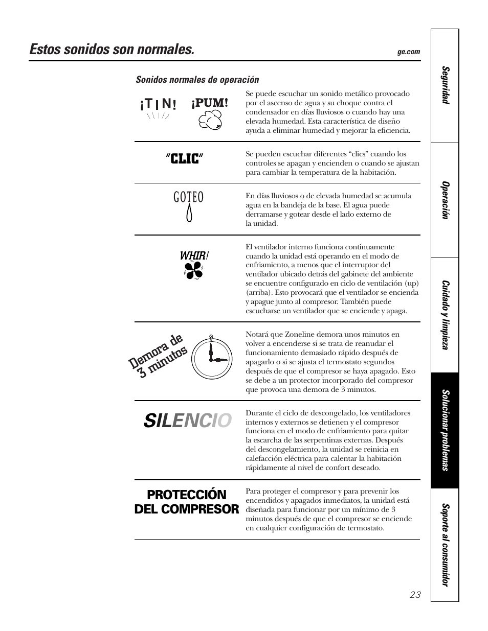 Sonidos normales de operación, Estos sonidos son normales, Demora de 3 minutos “clic | GE 3800 User Manual | Page 79 / 84