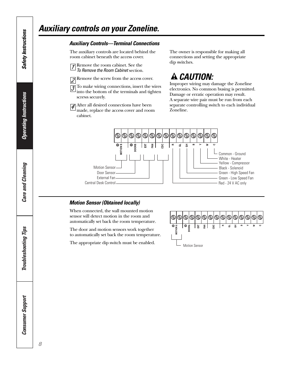 Auxiliary controls on your zoneline, Caution | GE 3800 User Manual | Page 8 / 84