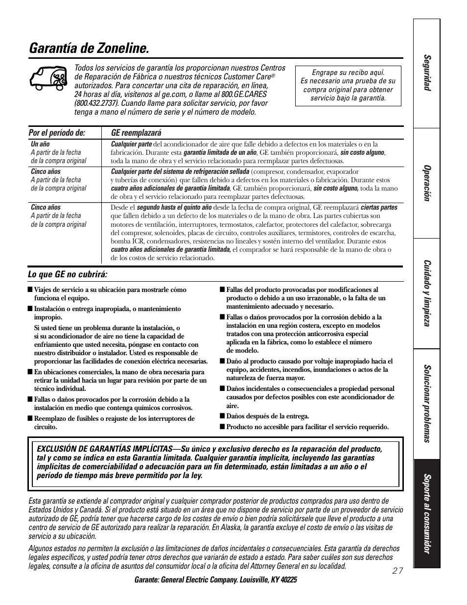 Garantía, Garantía de zoneline | GE 3800 User Manual | Page 83 / 84